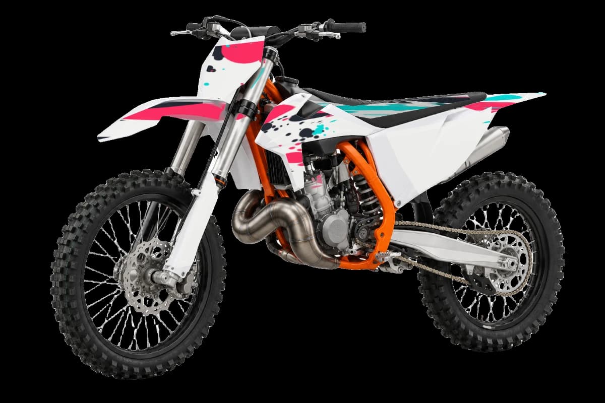 Paint splatter style dirt bike graphics kit on a KTM 125 SX