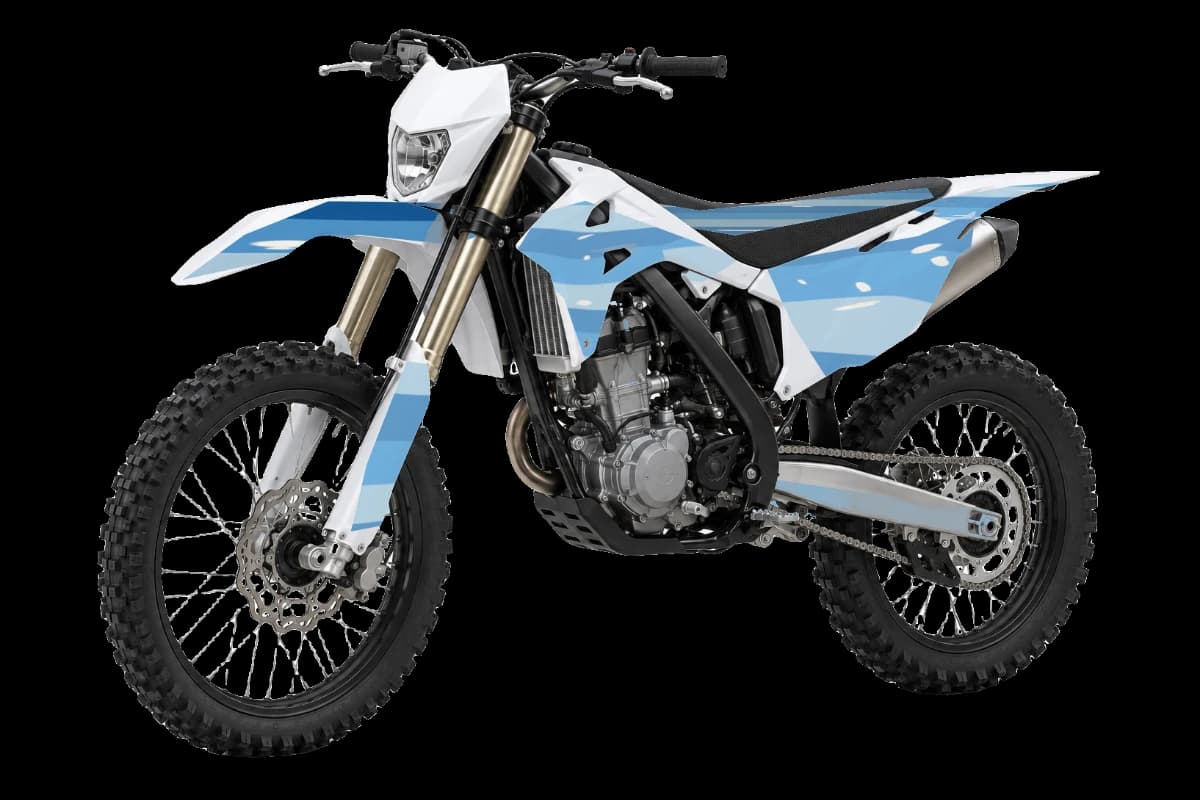 Wave style dirt bike graphics kit on a Rieju MR Pro 125