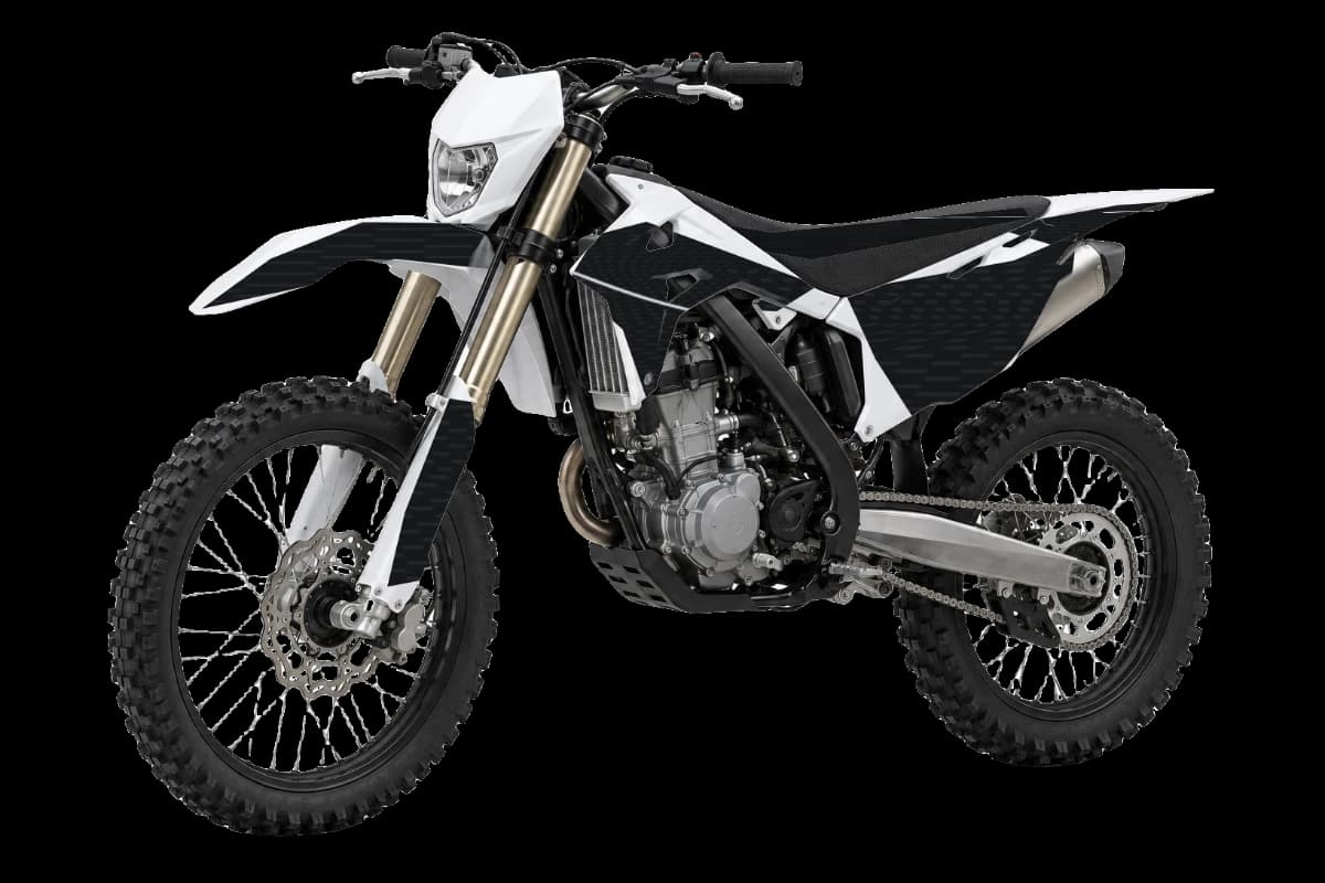 Carbon fiber style dirt bike graphics kit on a Rieju MR Pro 125