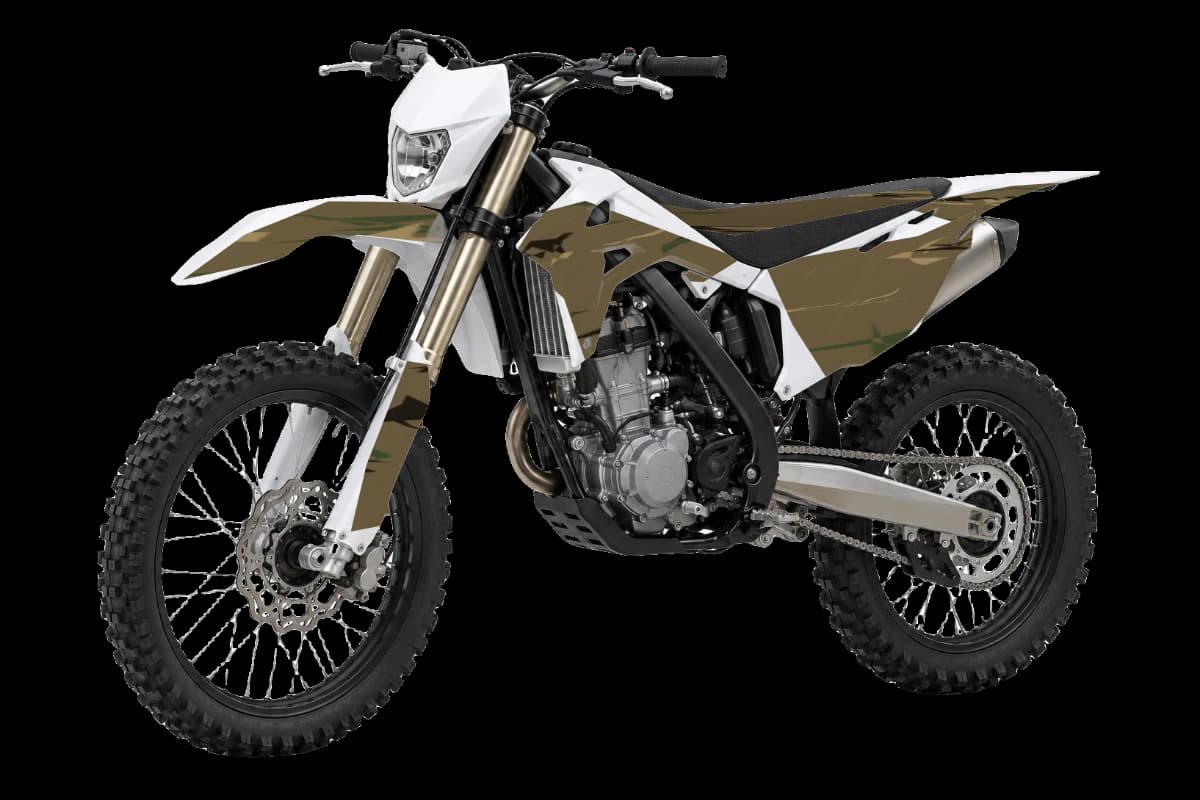 Woodland camo style dirt bike graphics kit on a Rieju MR Pro 125