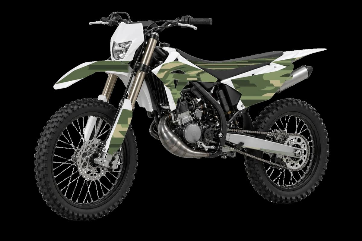 Digital camo style dirt bike graphics kit on a Rieju MRT 50