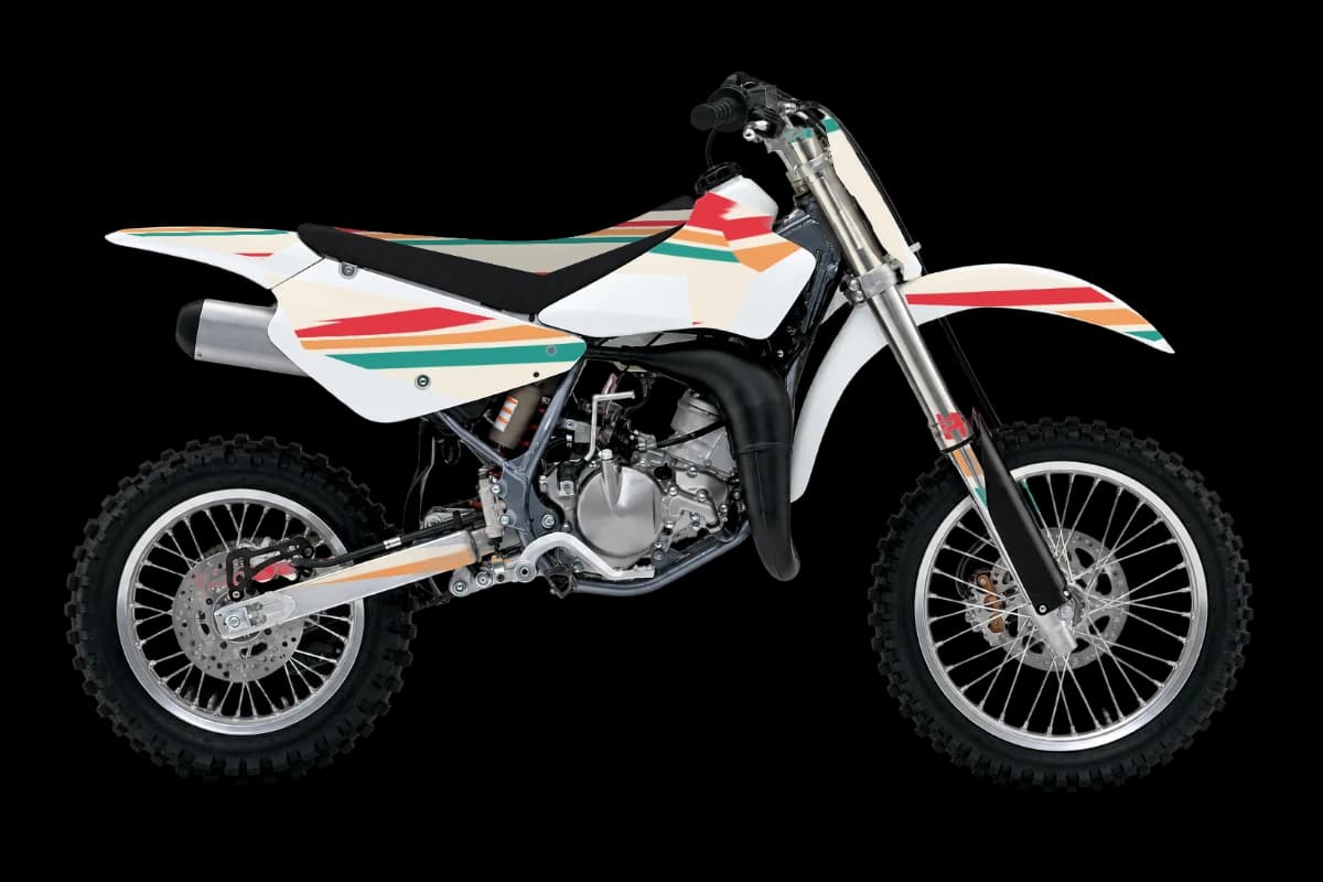 Retro style dirt bike graphics kit on a Suzuki RM85