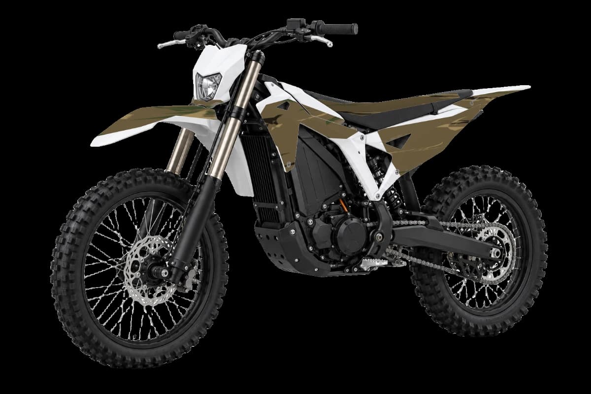 Woodland camo style dirt bike graphics kit on a Talaria Komodo