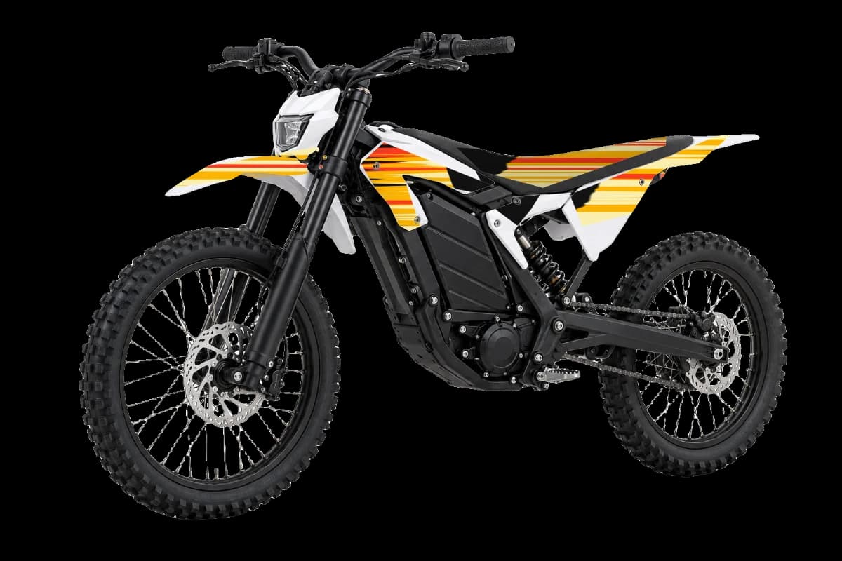 Flame style dirt bike graphics kit on a Talaria XXX