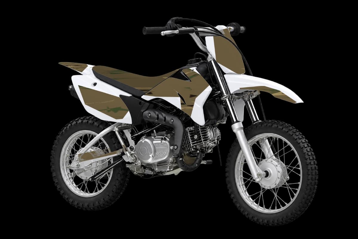Woodland camo style dirt bike graphics kit on a Yamaha TT-R110E