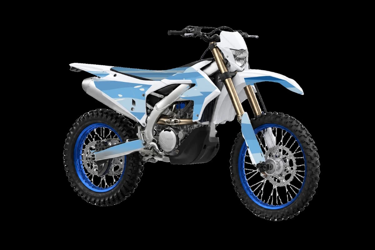 Wave style dirt bike graphics kit on a Yamaha WR250F