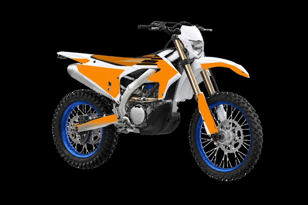 Tiger stripe style dirt bike graphics kit on a Yamaha WR250F