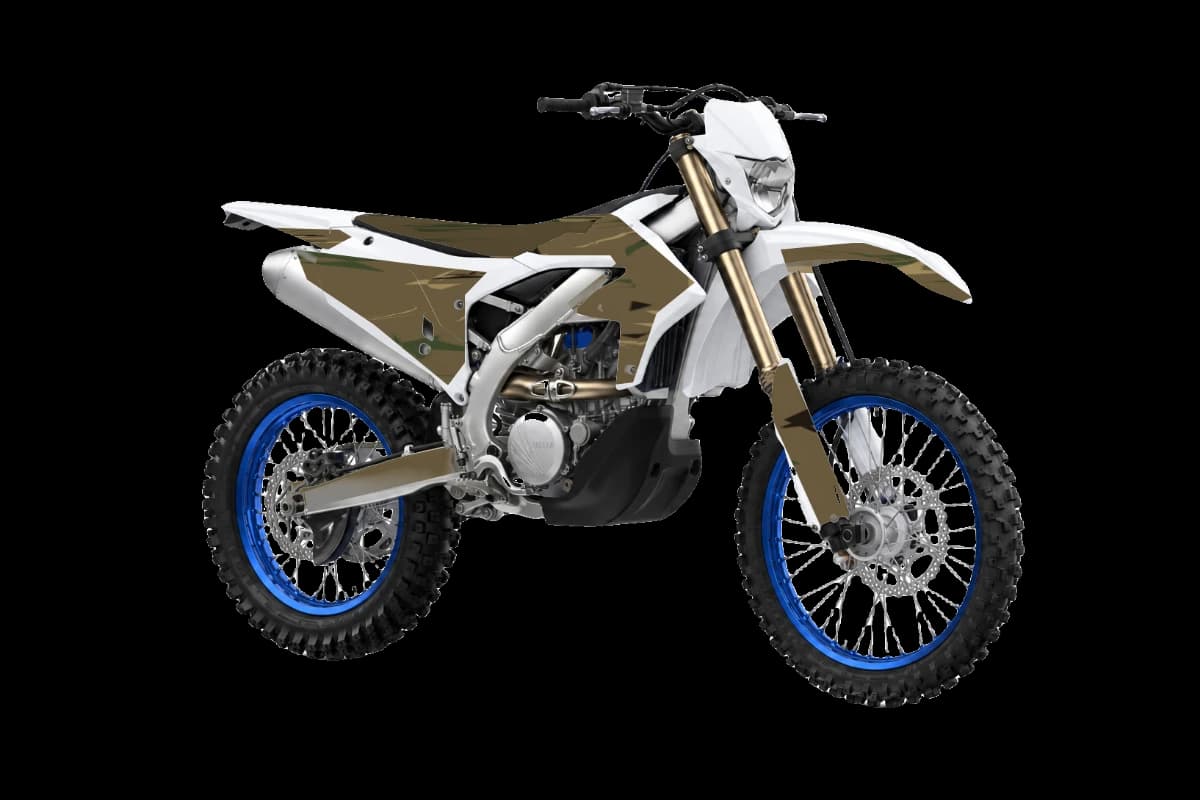 Woodland camo style dirt bike graphics kit on a Yamaha WR250F