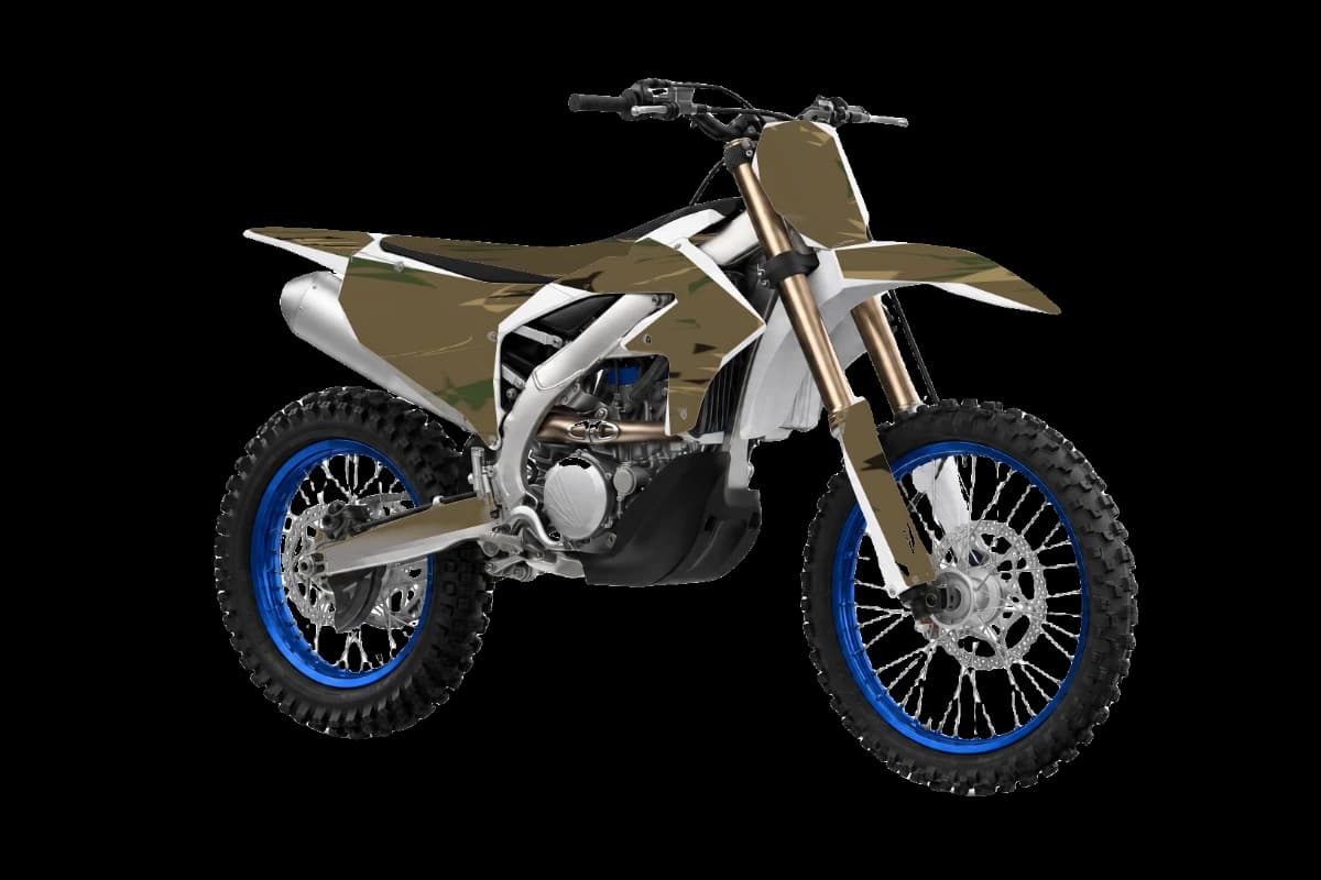Woodland camo style dirt bike graphics kit on a Yamaha YZ250FX