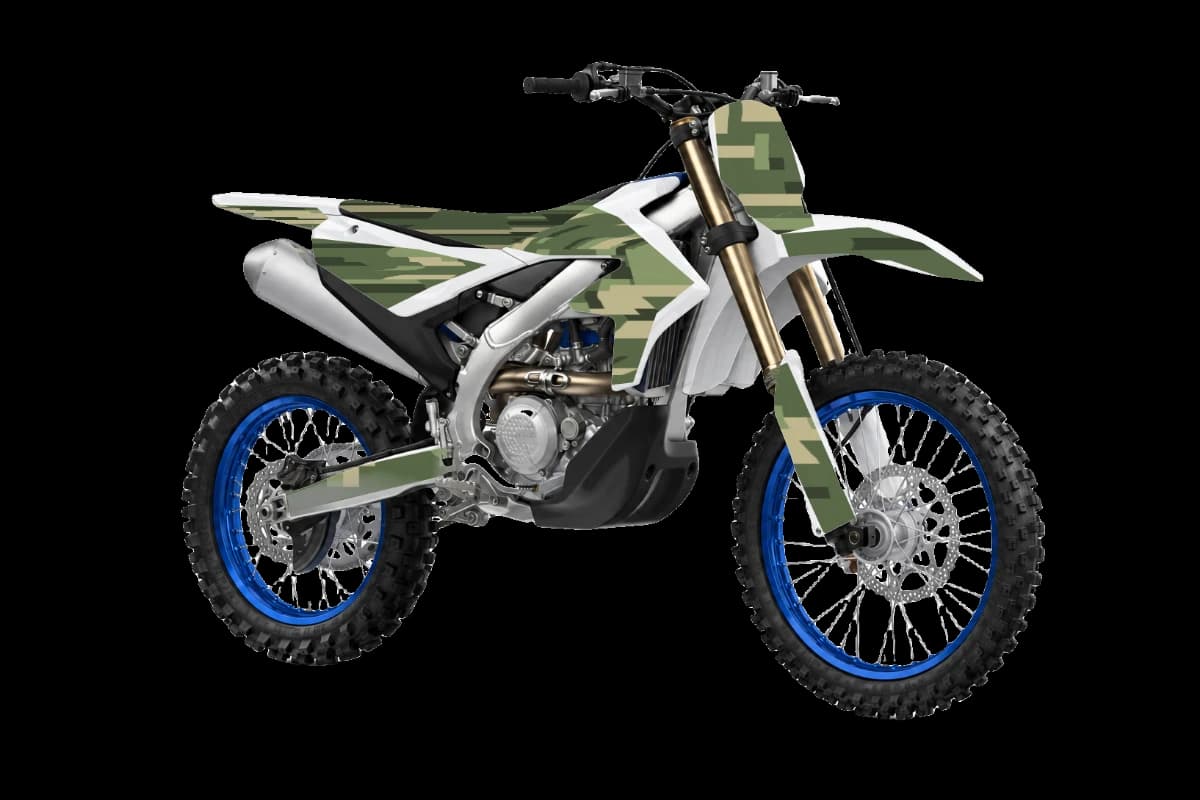 Digital camo style dirt bike graphics kit on a Yamaha YZ450FX