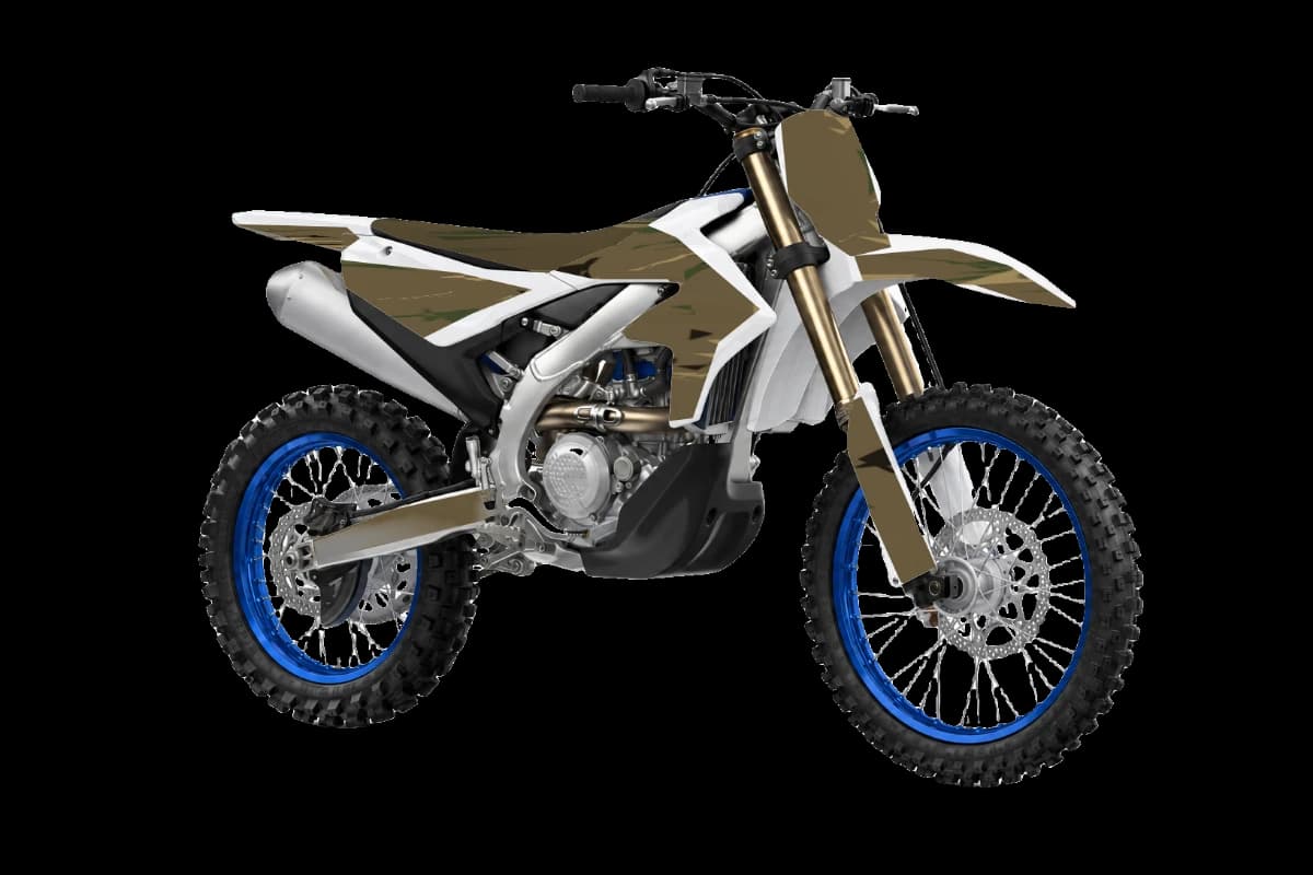Woodland camo style dirt bike graphics kit on a Yamaha YZ450FX