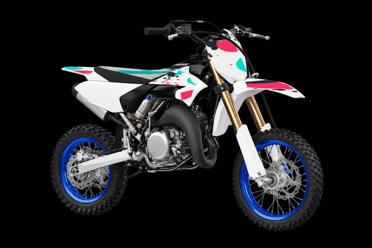 Paint splatter style dirt bike graphics kit on a Yamaha YZ65