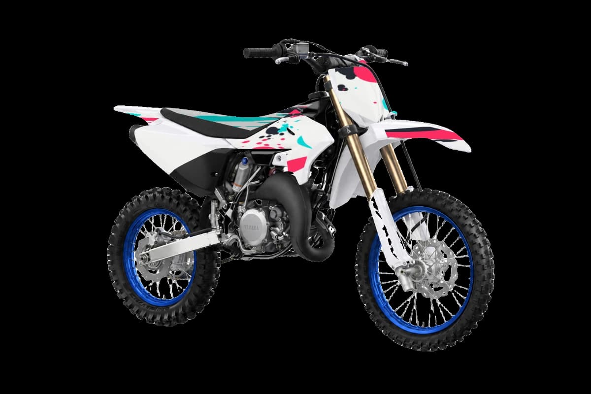 Paint splatter style dirt bike graphics kit on a Yamaha YZ85
